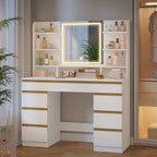 Hzuaneri Large Vanity Table with LED Lighting, 3 Colors, Brightness Control, Vanity Table with Mirror, 9 Drawers, 9 Open Shelves, Modern Style, White-Gold DT41903X