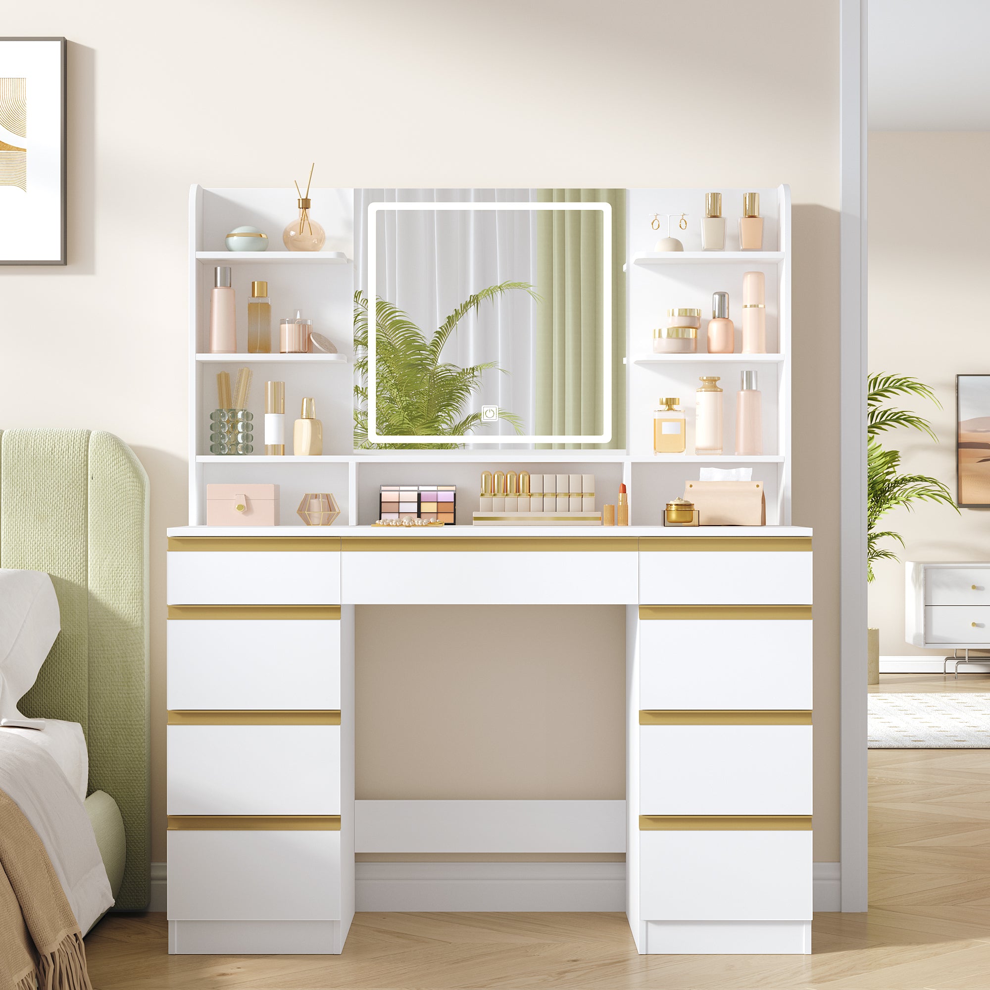 Hzuaneri Large Vanity Table with LED Lighting, 3 Colors, Brightness Control, Vanity Table with Mirror, 9 Drawers, 9 Open Shelves, Modern Style, White-Gold DT41903X