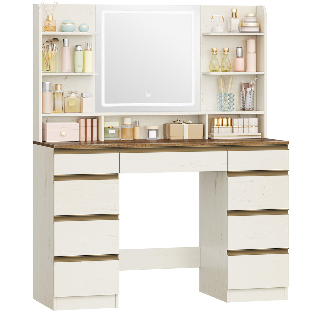 Hzuaneri Large Vanity Table with LED Lighting, 3 Colors, Brightness Control, Vanity Table with Mirror, 9 Drawers, 9 Open Shelves, Modern Style, White-Brown DT41914X