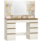 Hzuaneri Large Vanity Table with LED Lighting, 3 Colors, Brightness Control, Vanity Table with Mirror, 9 Drawers, 9 Open Shelves, Modern Style, White-Brown DT41914X
