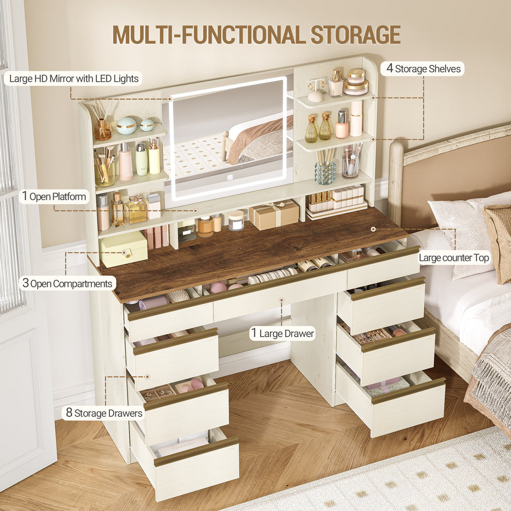 Hzuaneri Large Vanity Table with LED Lighting, 3 Colors, Brightness Control, Vanity Table with Mirror, 9 Drawers, 9 Open Shelves, Modern Style, White-Brown DT41914X