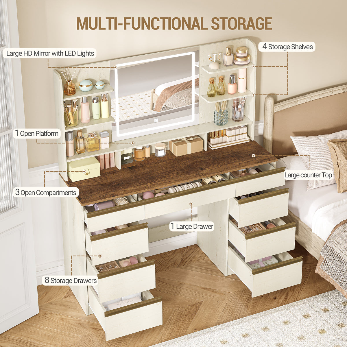 Hzuaneri Large Vanity Table with LED Lighting, 3 Colors, Brightness Control, Vanity Table with Mirror, 9 Drawers, 9 Open Shelves, Modern Style, White-Brown DT41914X
