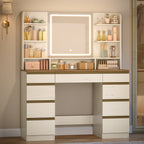 Hzuaneri Large Vanity Table with LED Lighting, 3 Colors, Brightness Control, Vanity Table with Mirror, 9 Drawers, 9 Open Shelves, Modern Style, White-Brown DT41914X