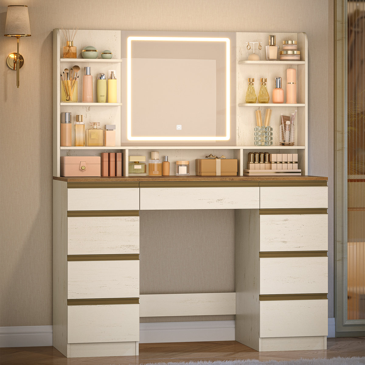 Hzuaneri Large Vanity Table with LED Lighting, 3 Colors, Brightness Control, Vanity Table with Mirror, 9 Drawers, 9 Open Shelves, Modern Style, White-Brown DT41914X