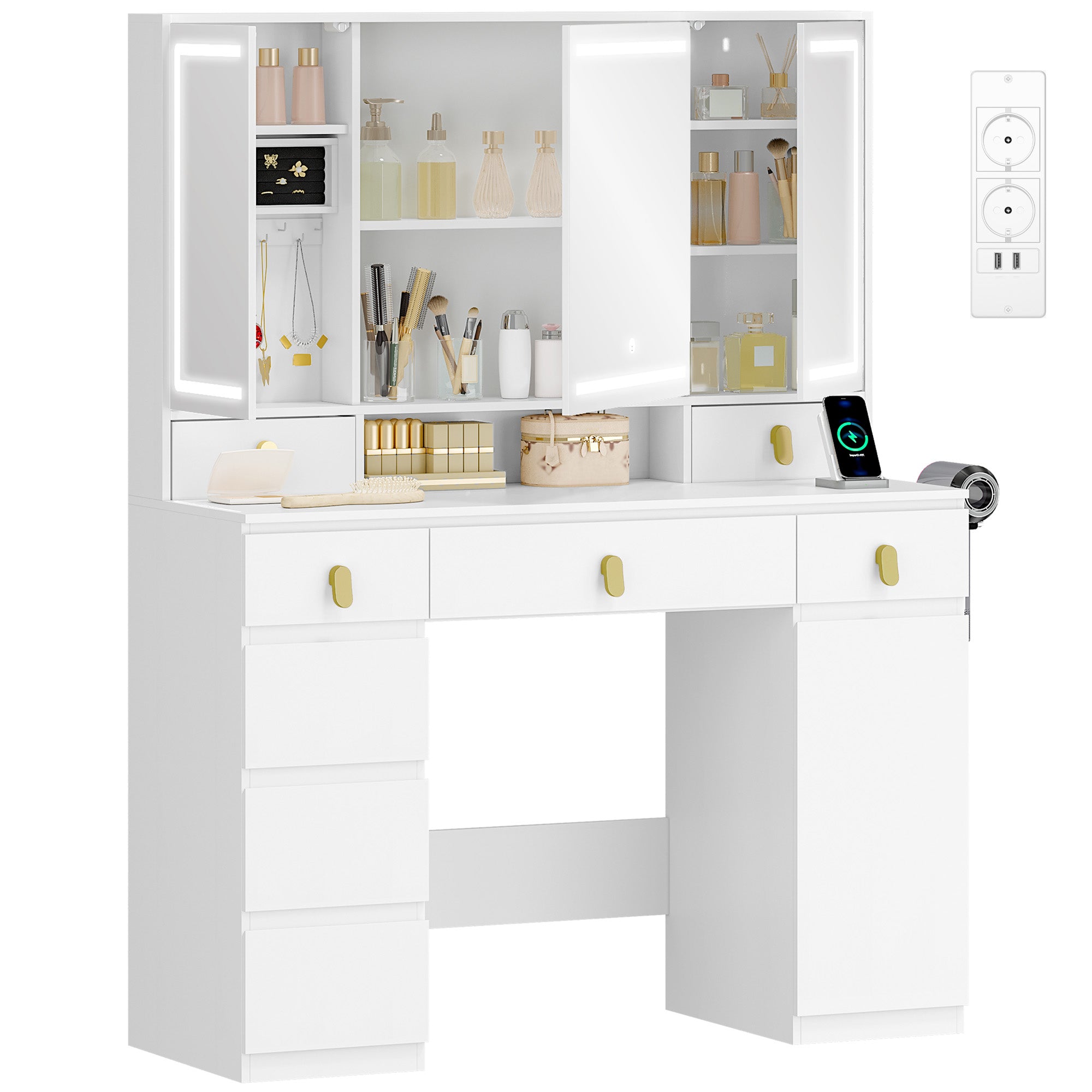 Hzuaneri Large Vanity Table with Mirror, LED Lighting, Power Strip and Hair Dryer Holder, 3 Colors, Brightness Control, 8 Drawers, 1 Storage Compartment, White DT42003X