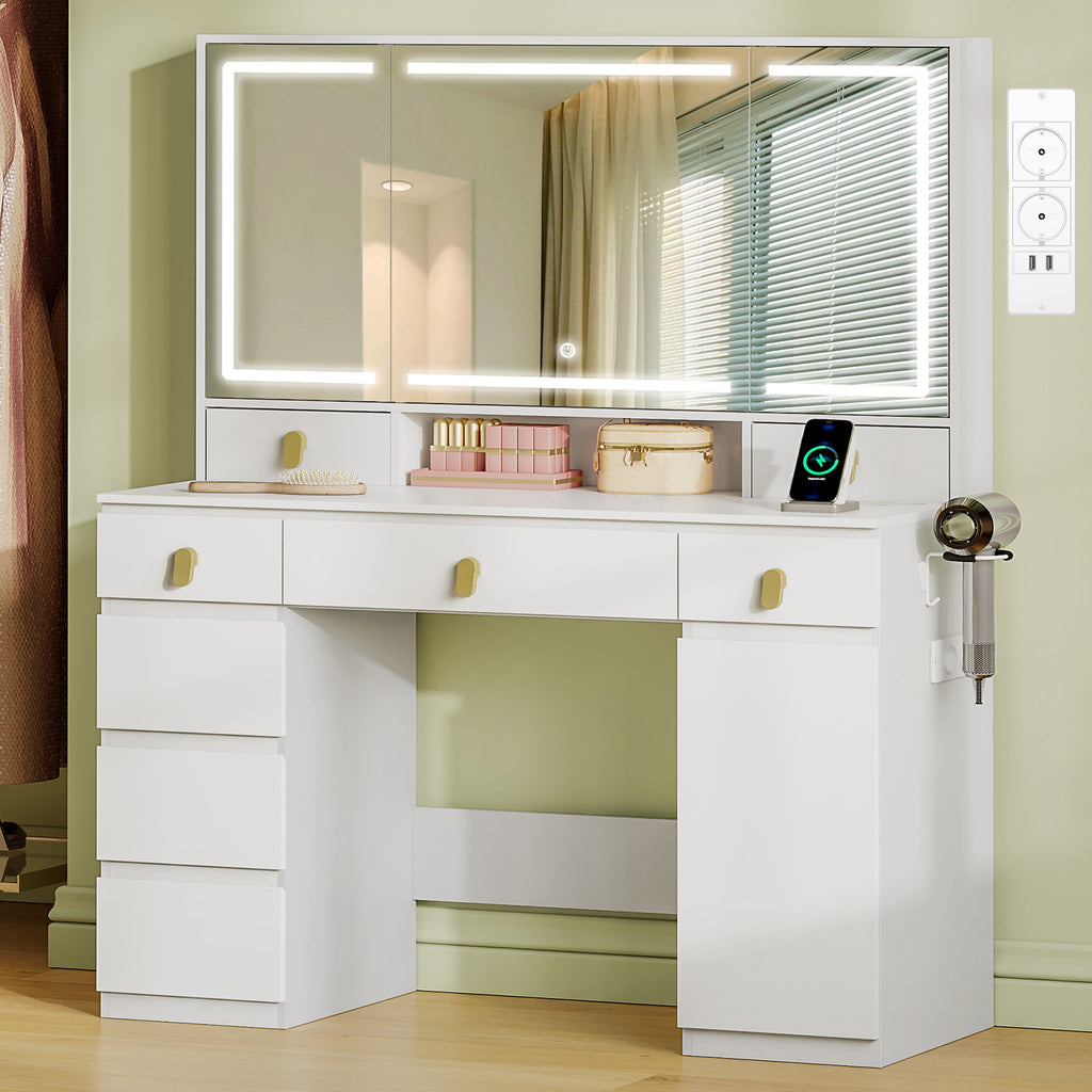 Hzuaneri Large Vanity Table with Mirror, LED Lighting, Power Strip and Hair Dryer Holder, 3 Colors, Brightness Control, 8 Drawers, 1 Storage Compartment, White DT42003X