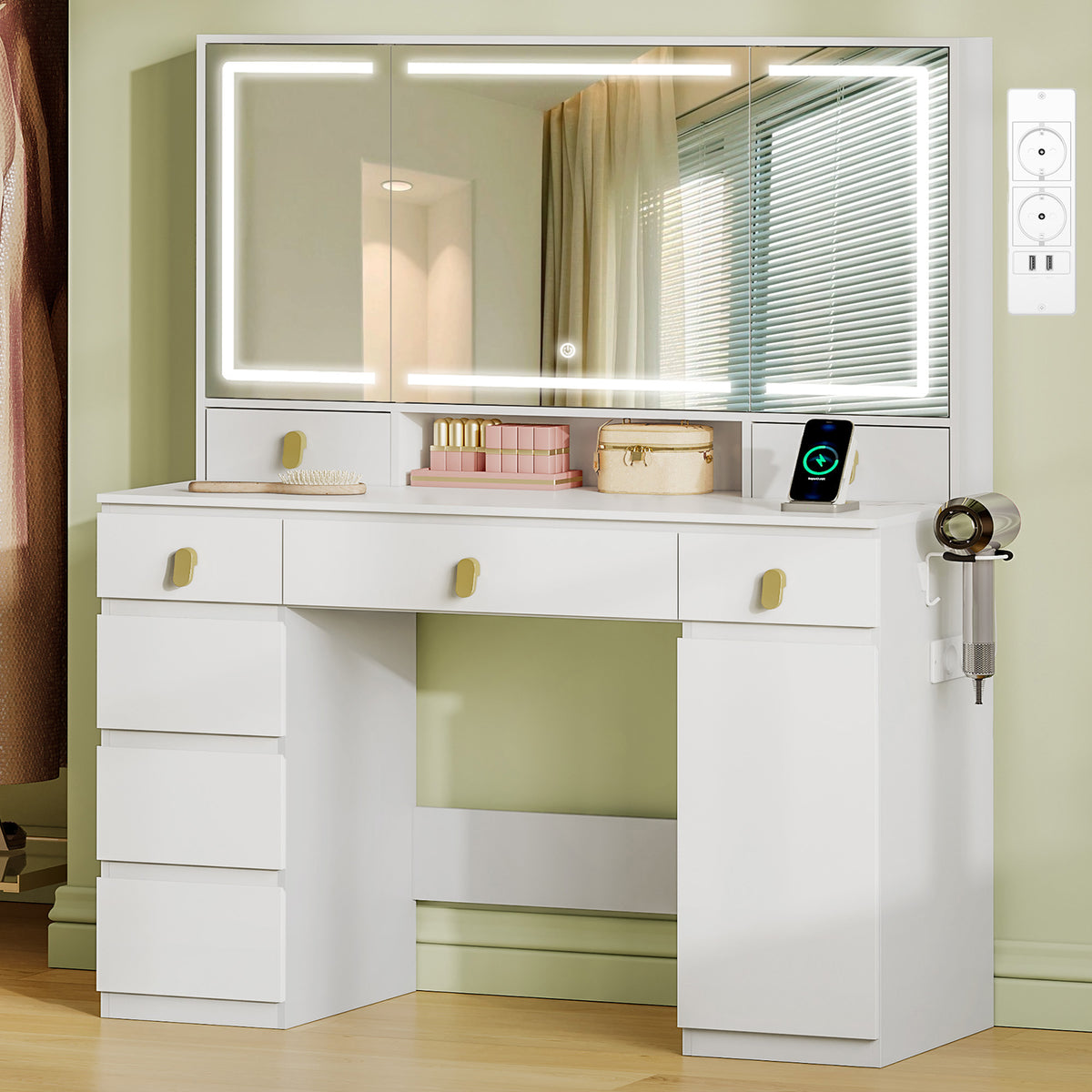 Hzuaneri Large Vanity Table with Mirror, LED Lighting, Power Strip and Hair Dryer Holder, 3 Colors, Brightness Control, 8 Drawers, 1 Storage Compartment, White DT42003X