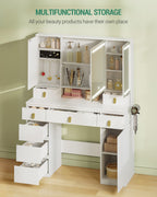 Hzuaneri Large Vanity Table with Mirror, LED Lighting, Power Strip and Hair Dryer Holder, 3 Colors, Brightness Control, 8 Drawers, 1 Storage Compartment, White DT42003X
