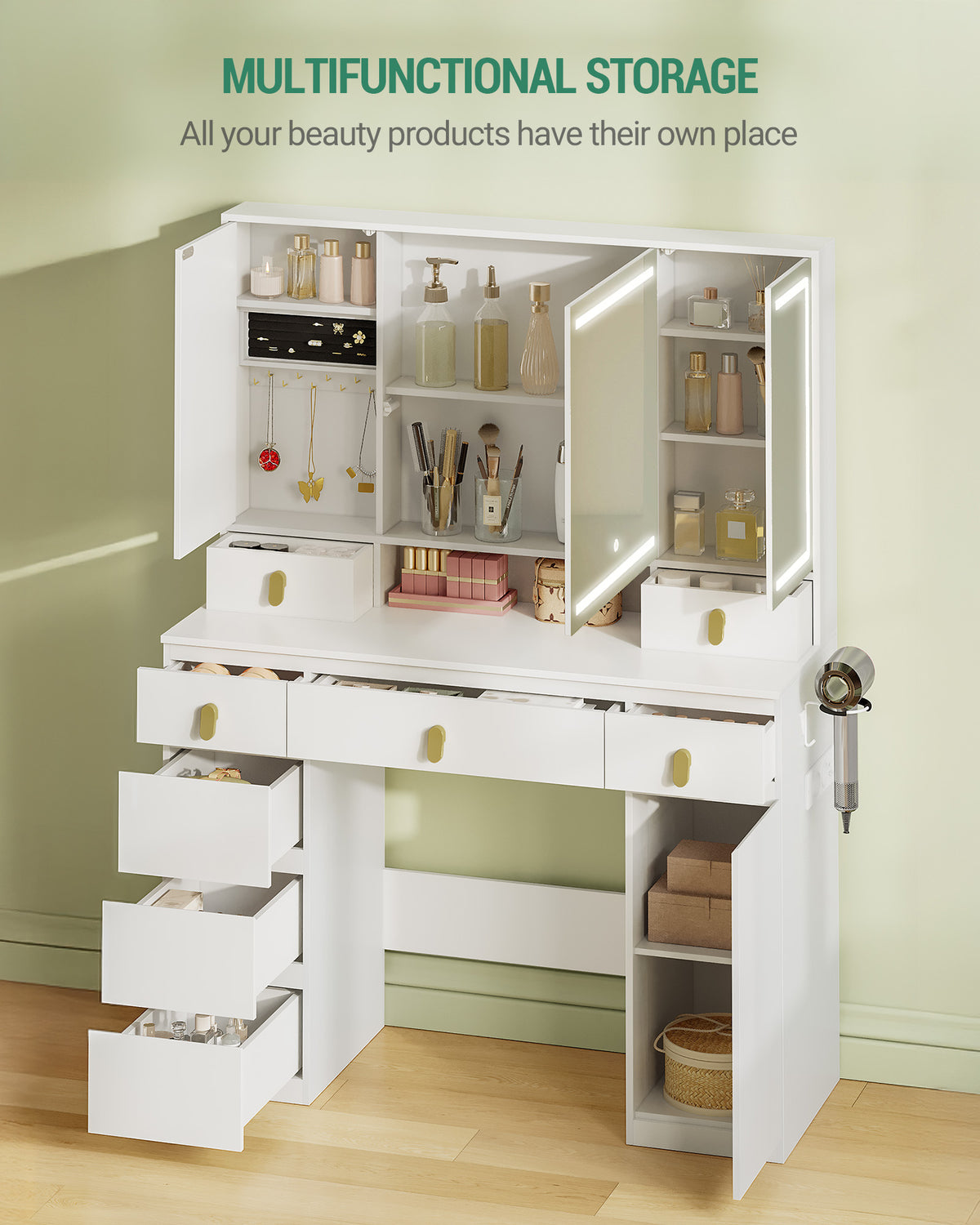 Hzuaneri Large Vanity Table with Mirror, LED Lighting, Power Strip and Hair Dryer Holder, 3 Colors, Brightness Control, 8 Drawers, 1 Storage Compartment, White DT42003X