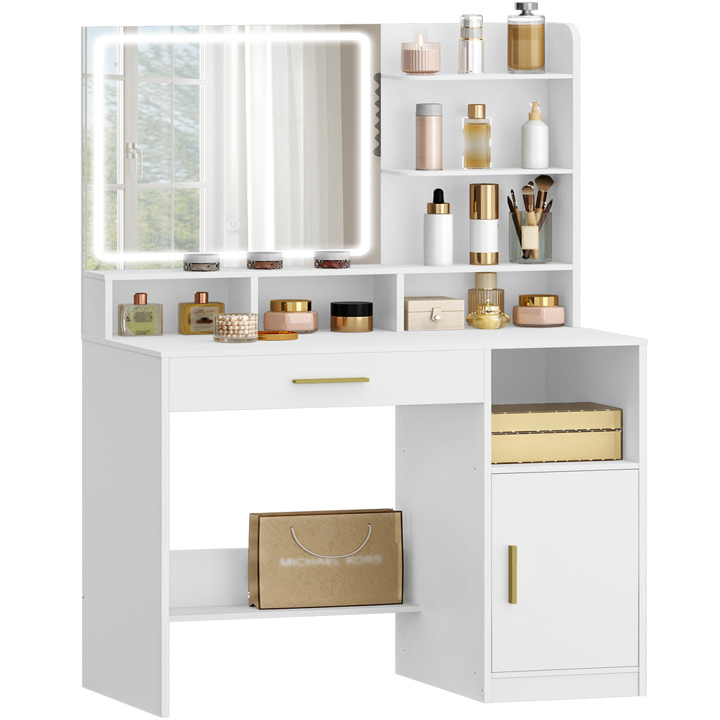 Hzuaneri dressing table with mirror and LED light, with 3 shelves and 4 open compartments, dressing table with large drawers and cabinets, 3-way adjustable lighting, white DT42103X