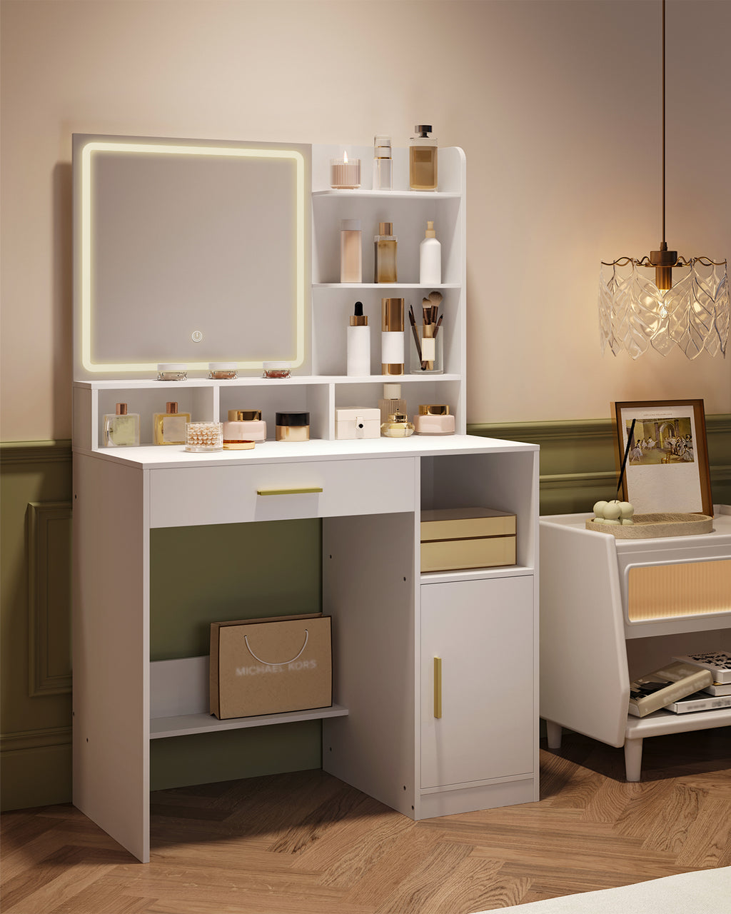 Hzuaneri dressing table with mirror and LED light, with 3 shelves and 4 open compartments, dressing table with large drawers and cabinets, 3-way adjustable lighting, white DT42103X