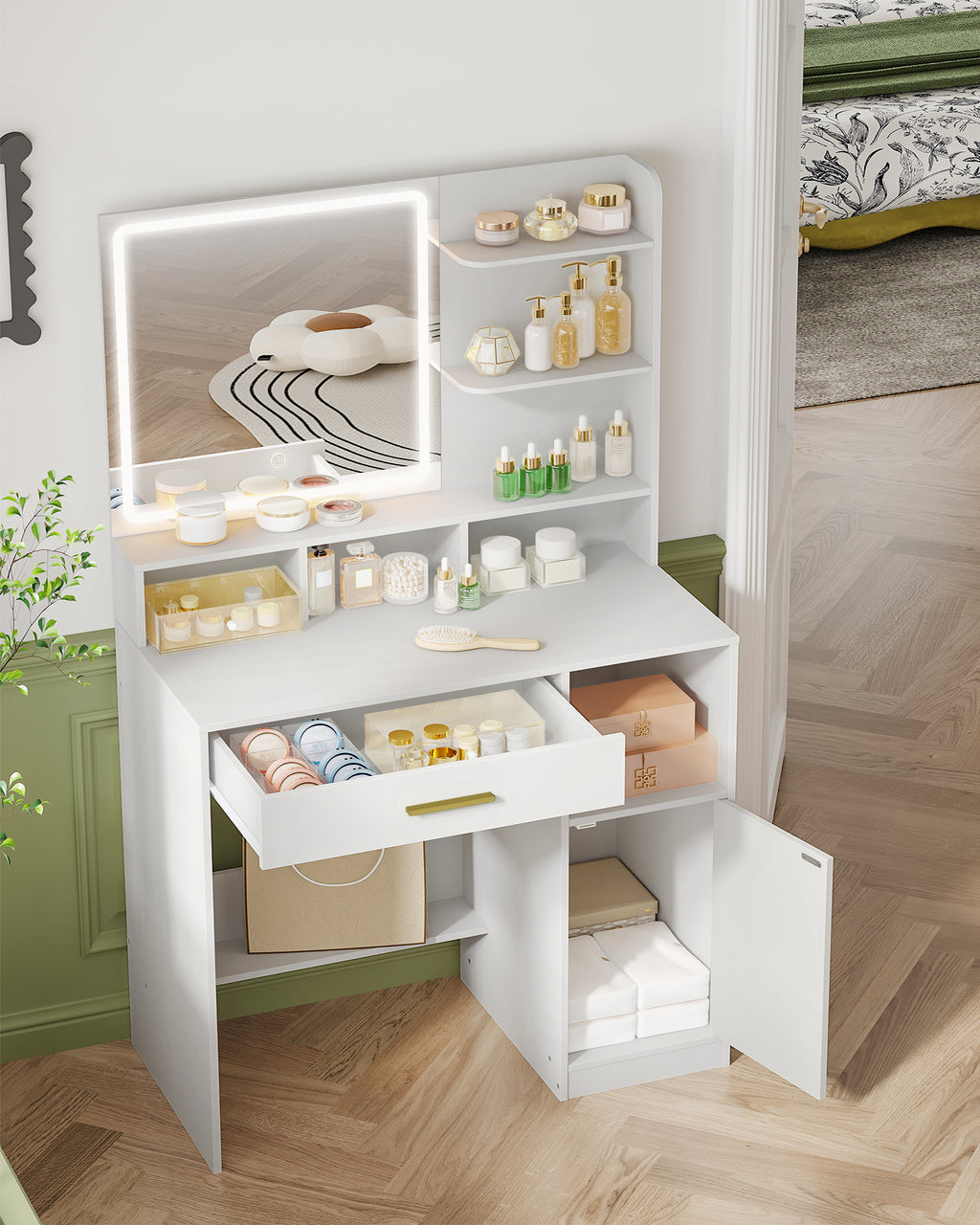 Hzuaneri dressing table with mirror and LED light, with 3 shelves and 4 open compartments, dressing table with large drawers and cabinets, 3-way adjustable lighting, white DT42103X