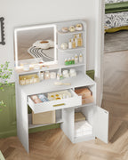 Hzuaneri dressing table with mirror and LED light, with 3 shelves and 4 open compartments, dressing table with large drawers and cabinets, 3-way adjustable lighting, white DT42103X
