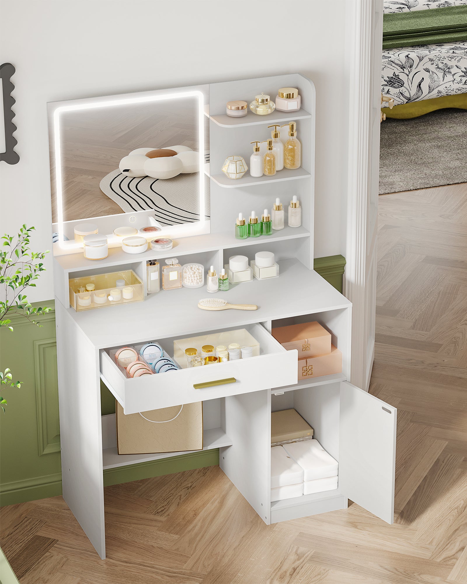 Hzuaneri dressing table with mirror and LED light, with 3 shelves and 4 open compartments, dressing table with large drawers and cabinets, 3-way adjustable lighting, white DT42103X