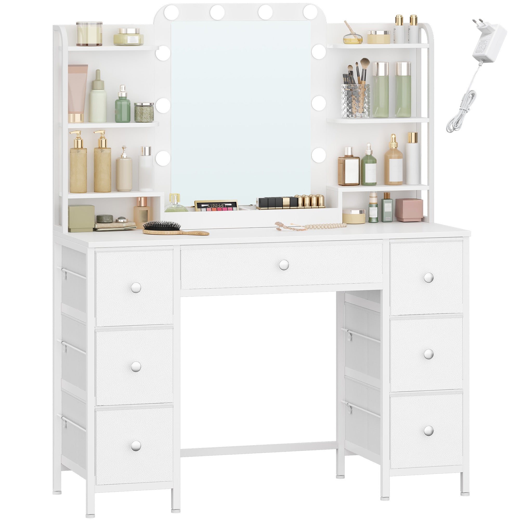 Hzuaneri Vanity Table with LED Lighting, Vanity Table with Large HD Mirror, 7 Drawers and 6 Shelves, Bedroom Vanity Tables, Modern White DT42303X