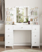 Hzuaneri Vanity Table with LED Lighting, Vanity Table with Large HD Mirror, 7 Drawers and 6 Shelves, Bedroom Vanity Tables, Modern White DT42303X