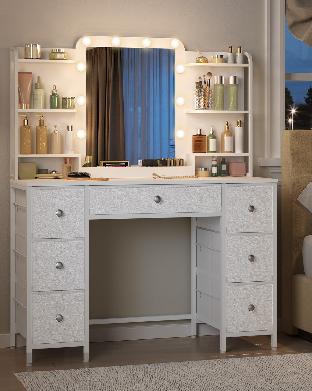 Hzuaneri Vanity Table with LED Lighting, Vanity Table with Large HD Mirror, 7 Drawers and 6 Shelves, Bedroom Vanity Tables, Modern White DT42303X