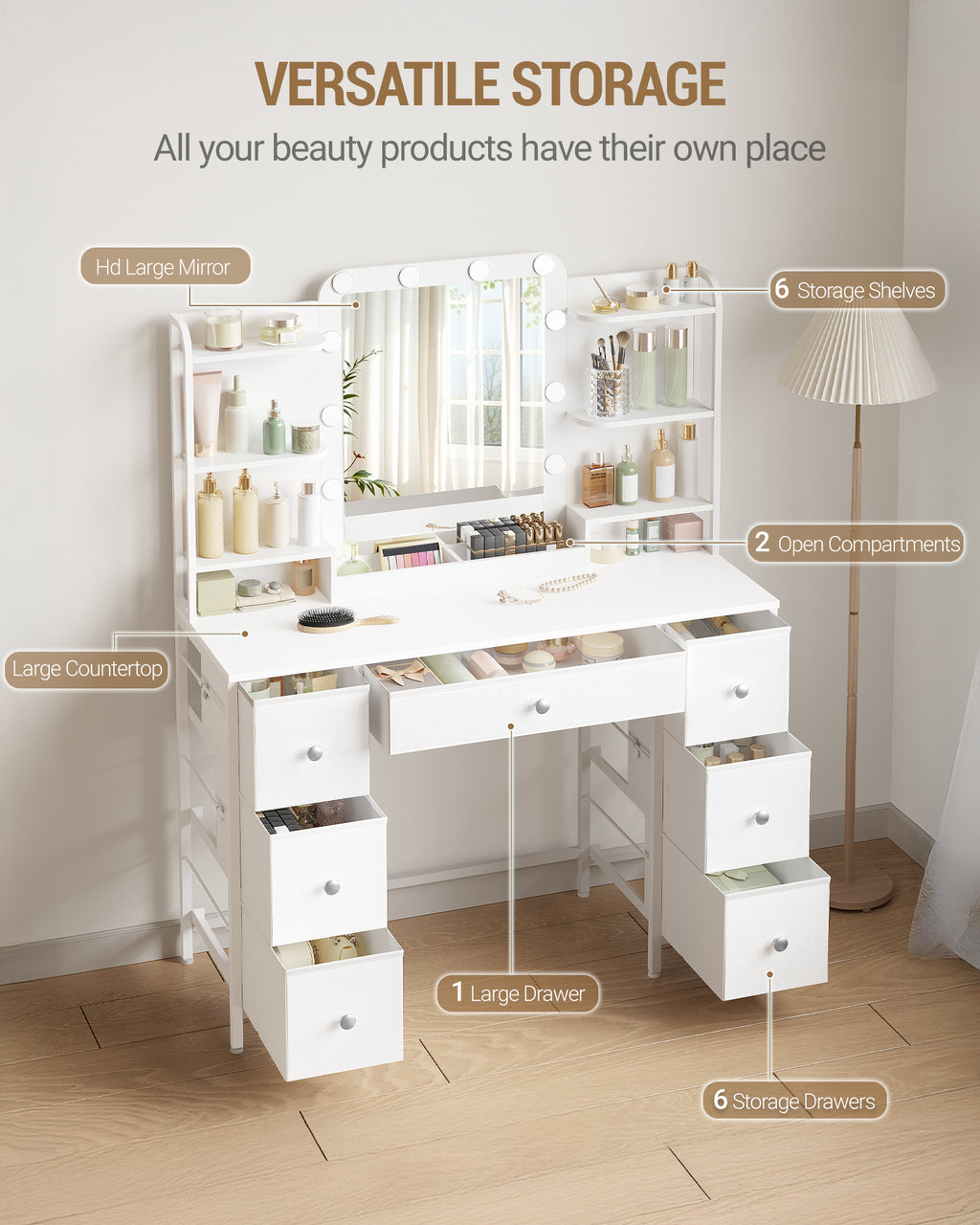 Hzuaneri Vanity Table with LED Lighting, Vanity Table with Large HD Mirror, 7 Drawers and 6 Shelves, Bedroom Vanity Tables, Modern White DT42303X