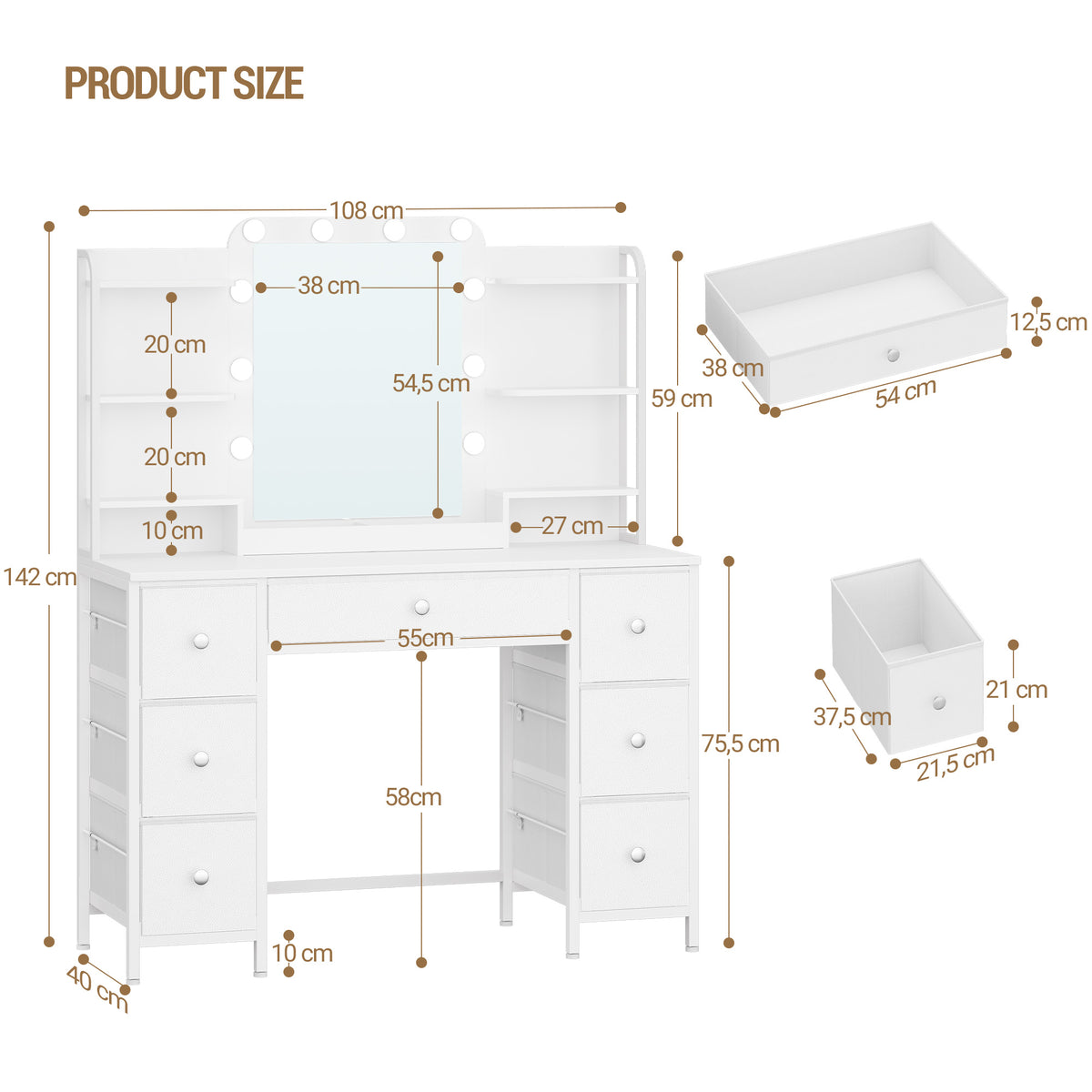 Hzuaneri Vanity Table with LED Lighting, Vanity Table with Large HD Mirror, 7 Drawers and 6 Shelves, Bedroom Vanity Tables, Modern White DT42303X