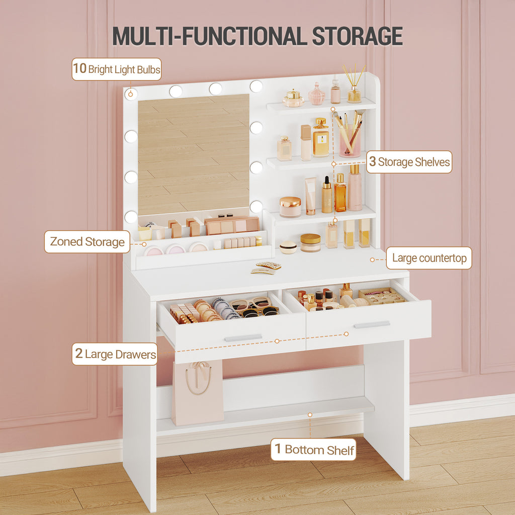 Hzuaneri Dressing Table with Mirror, Vanity Desk with LED Lighting, 3-Color Adjustable Brightness, 2 Drawers, 4 Open Shelves and 2 Compartments, Bedroom Makeup Desk, White DT42703X