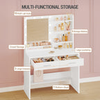 Hzuaneri Dressing Table with Mirror, Vanity Desk with LED Lighting, 3-Color Adjustable Brightness, 2 Drawers, 4 Open Shelves and 2 Compartments, Bedroom Makeup Desk, White DT42703X