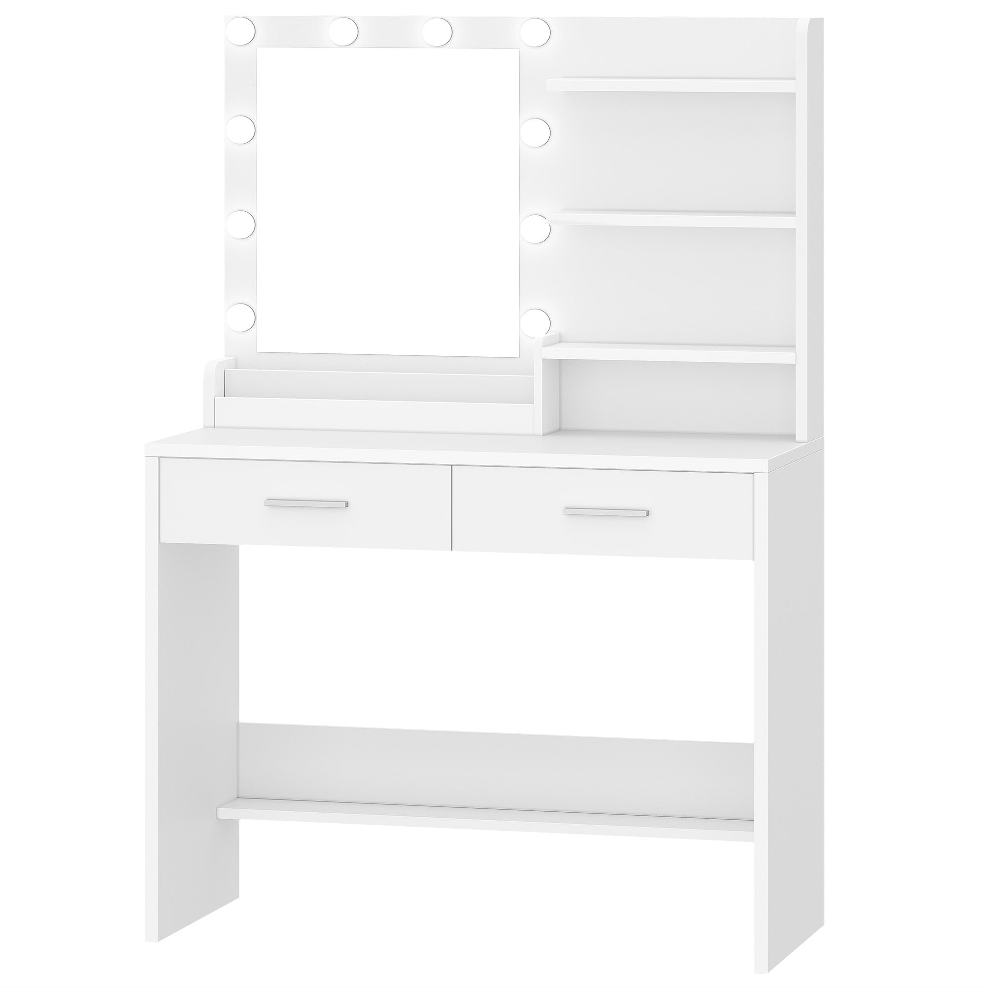 Hzuaneri Dressing Table with Mirror, Vanity Desk with LED Lighting, 3-Color Adjustable Brightness, 2 Drawers, 4 Open Shelves and 2 Compartments, Bedroom Makeup Desk, White DT42703X