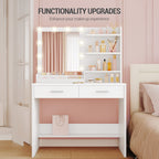Hzuaneri Dressing Table with Mirror, Vanity Desk with LED Lighting, 3-Color Adjustable Brightness, 2 Drawers, 4 Open Shelves and 2 Compartments, Bedroom Makeup Desk, White DT42703X