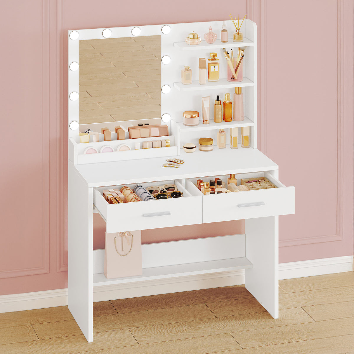 Hzuaneri Dressing Table with Mirror, Vanity Desk with LED Lighting, 3-Color Adjustable Brightness, 2 Drawers, 4 Open Shelves and 2 Compartments, Bedroom Makeup Desk, White DT42703X