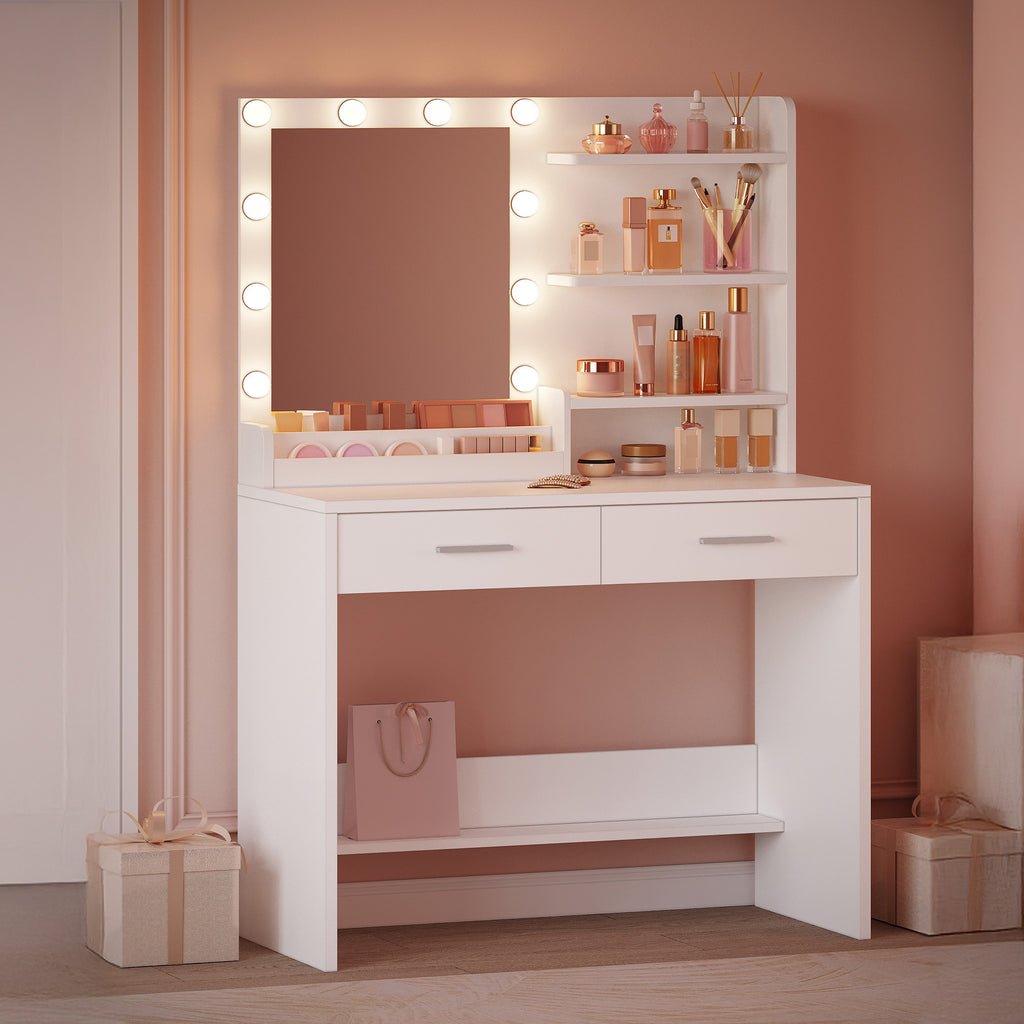 Hzuaneri Dressing Table with Mirror, Vanity Desk with LED Lighting, 3-Color Adjustable Brightness, 2 Drawers, 4 Open Shelves and 2 Compartments, Bedroom Makeup Desk, White DT42703X