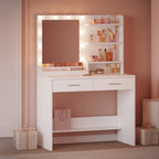 Hzuaneri Dressing Table with Mirror, Vanity Desk with LED Lighting, 3-Color Adjustable Brightness, 2 Drawers, 4 Open Shelves and 2 Compartments, Bedroom Makeup Desk, White DT42703X