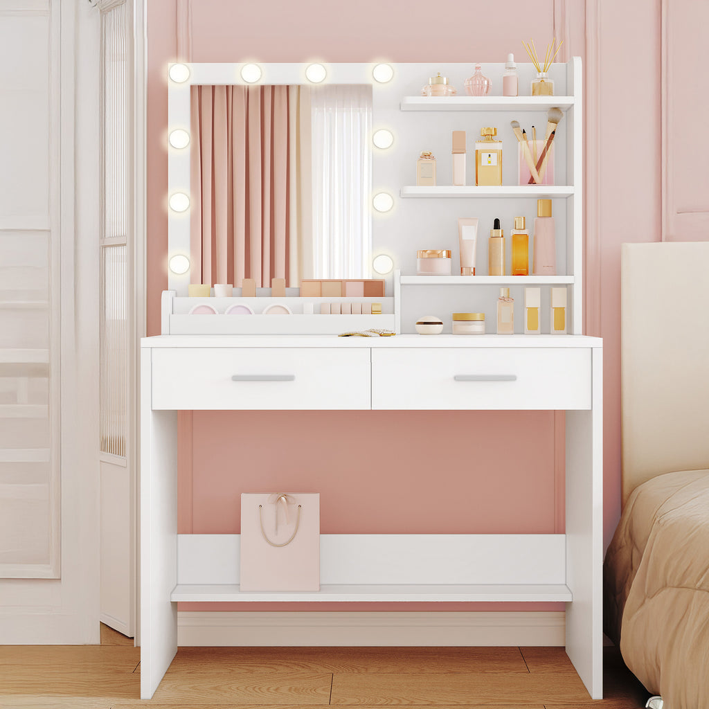 Hzuaneri Dressing Table with Mirror, Vanity Desk with LED Lighting, 3-Color Adjustable Brightness, 2 Drawers, 4 Open Shelves and 2 Compartments, Bedroom Makeup Desk, White DT42703X