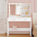 Hzuaneri Dressing Table with Mirror, Vanity Desk with LED Lighting, 3-Color Adjustable Brightness, 2 Drawers, 4 Open Shelves and 2 Compartments, Bedroom Makeup Desk, White DT42703X