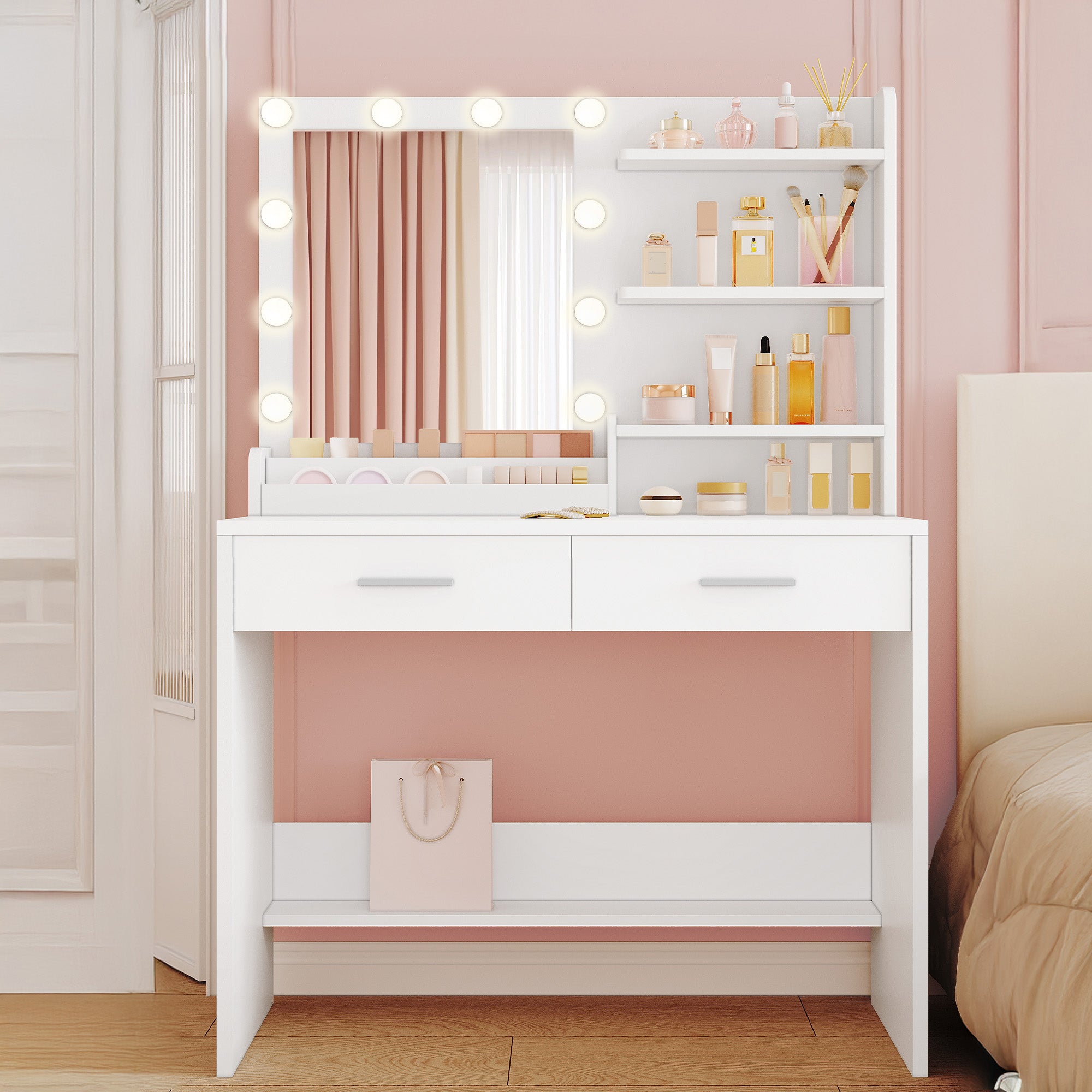 Hzuaneri Dressing Table with Mirror, Vanity Desk with LED Lighting, 3-Color Adjustable Brightness, 2 Drawers, 4 Open Shelves and 2 Compartments, Bedroom Makeup Desk, White DT42703X