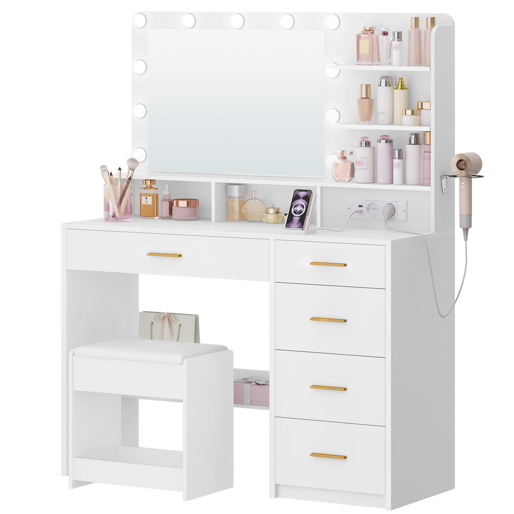 Hzuaneri dressing table with 10 LED lights, stool, vanity table with large mirror, dressing tables with power outlet, hairdryer holder, and multiple drawers, white DT42903X