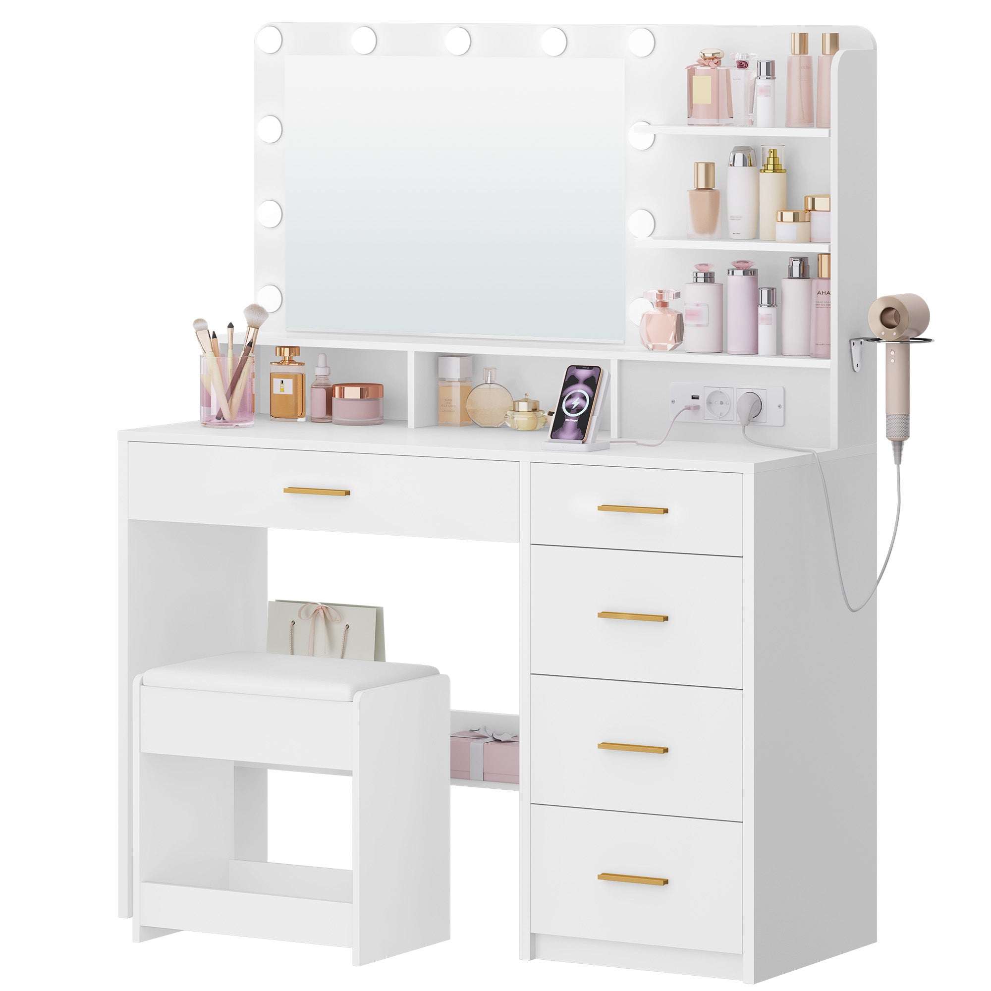 Hzuaneri dressing table with 10 LED lights, stool, vanity table with large mirror, dressing tables with power outlet, hairdryer holder, and multiple drawers, white DT42903X