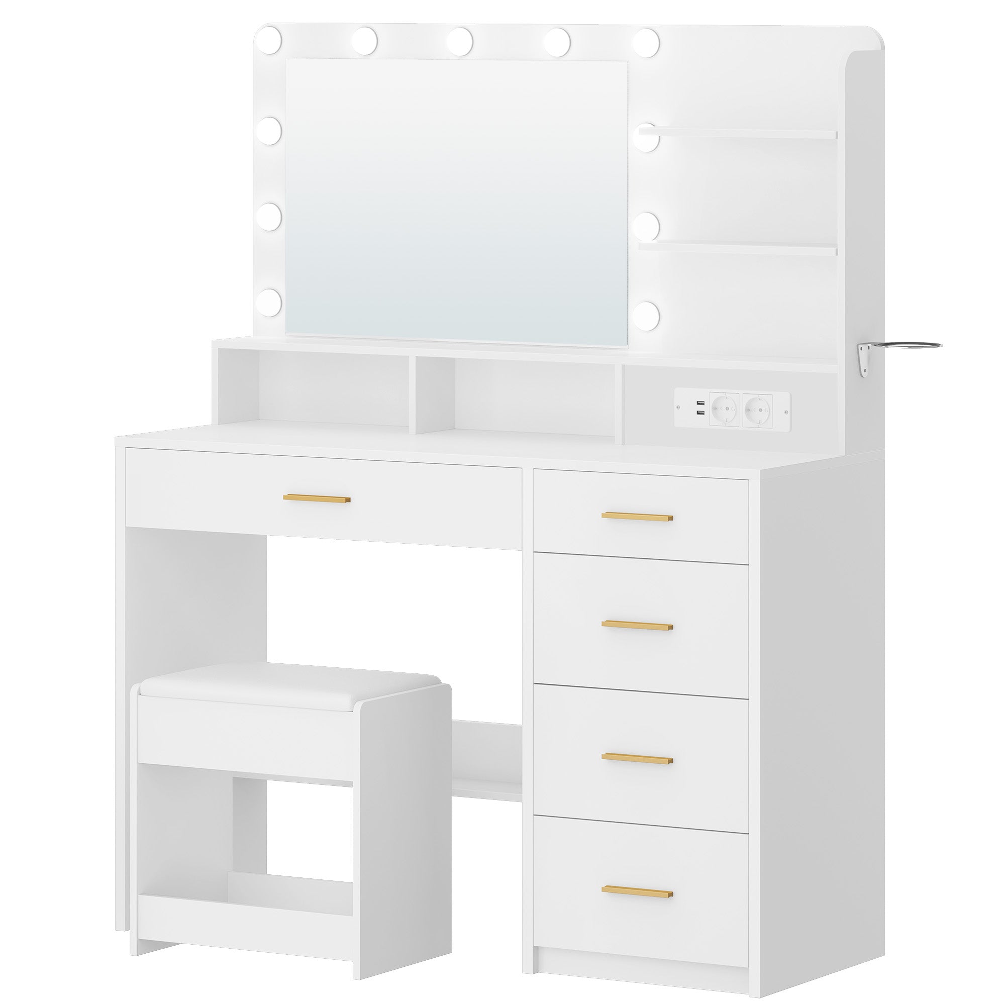 Hzuaneri dressing table with 10 LED lights, stool, vanity table with large mirror, dressing tables with power outlet, hairdryer holder, and multiple drawers, white DT42903X