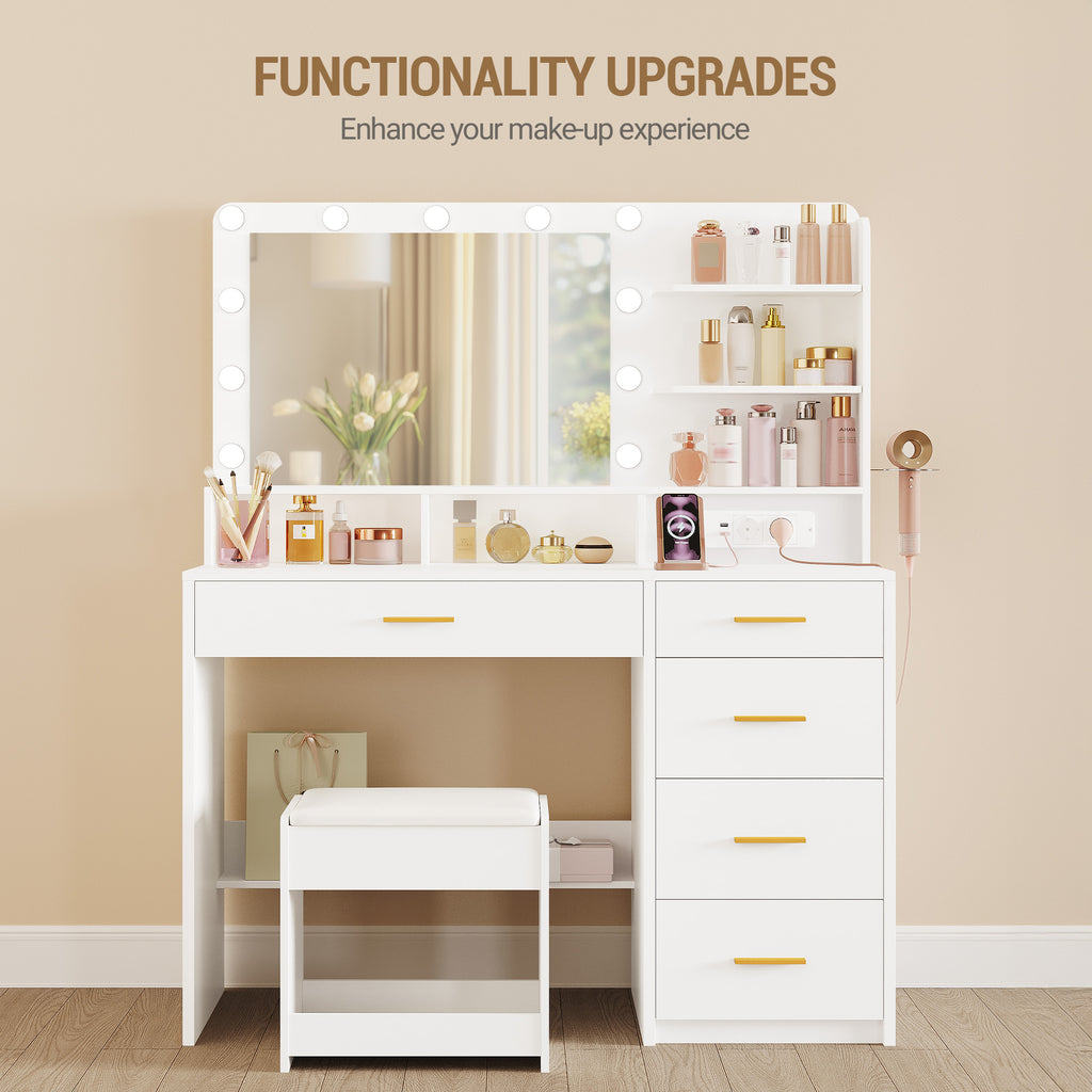 Hzuaneri dressing table with 10 LED lights, stool, vanity table with large mirror, dressing tables with power outlet, hairdryer holder, and multiple drawers, white DT42903X