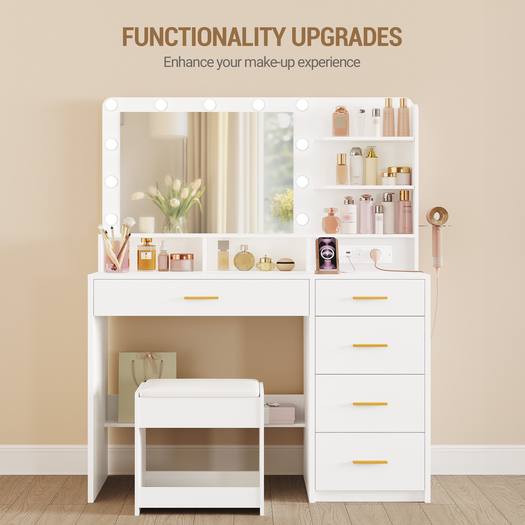 Hzuaneri dressing table with 10 LED lights, stool, vanity table with large mirror, dressing tables with power outlet, hairdryer holder, and multiple drawers, white DT42903X
