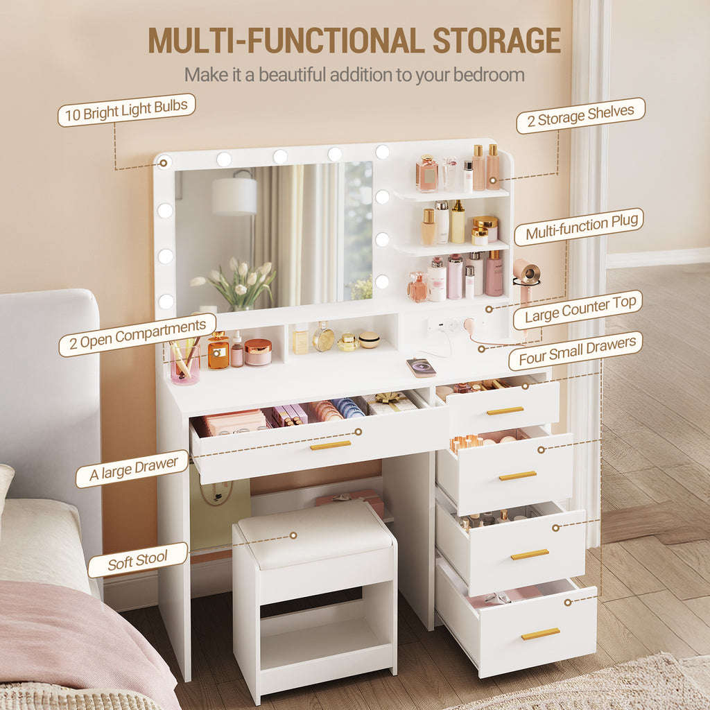Hzuaneri dressing table with 10 LED lights, stool, vanity table with large mirror, dressing tables with power outlet, hairdryer holder, and multiple drawers, white DT42903X