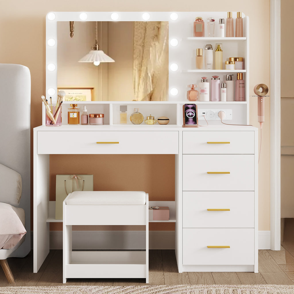 Hzuaneri dressing table with 10 LED lights, stool, vanity table with large mirror, dressing tables with power outlet, hairdryer holder, and multiple drawers, white DT42903X