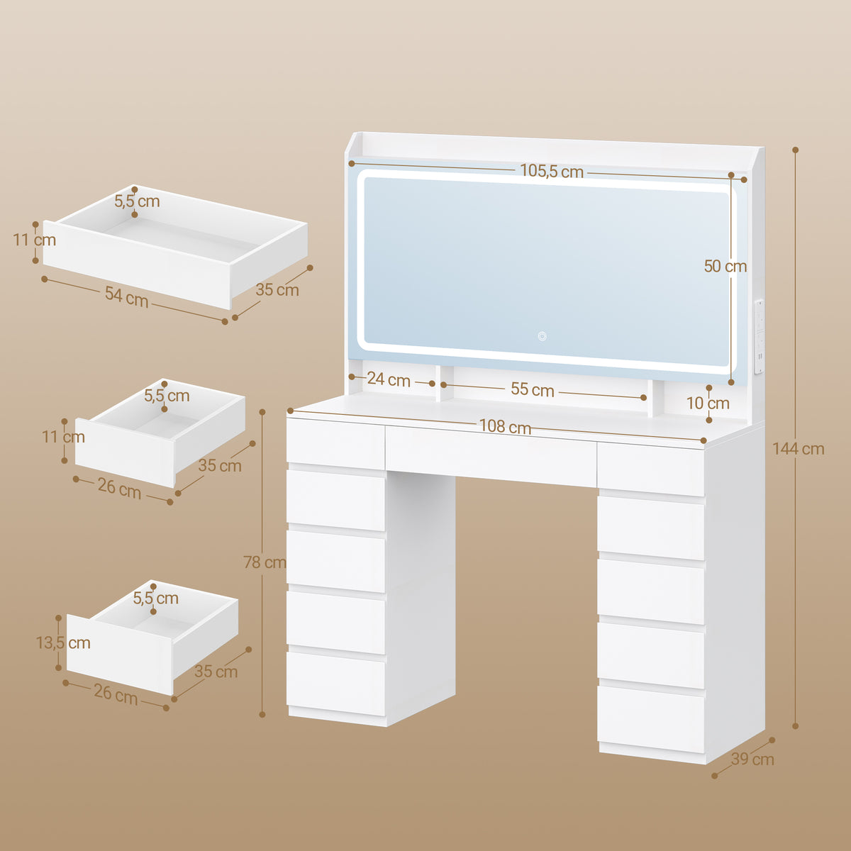 Hzuaneri Large Vanity Table with Large HD Mirror, Vanity Table with LED Lighting, 3 Colors, Adjustable Brightness, Dressing Table with 11 Drawers, Vanity Tables for Bedroom, White DT43003X