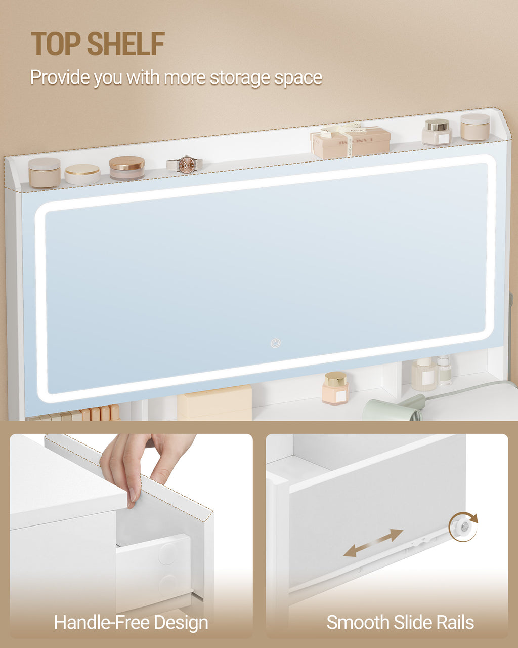 Hzuaneri Large Vanity Table with Large HD Mirror, Vanity Table with LED Lighting, 3 Colors, Adjustable Brightness, Dressing Table with 11 Drawers, Vanity Tables for Bedroom, White DT43003X
