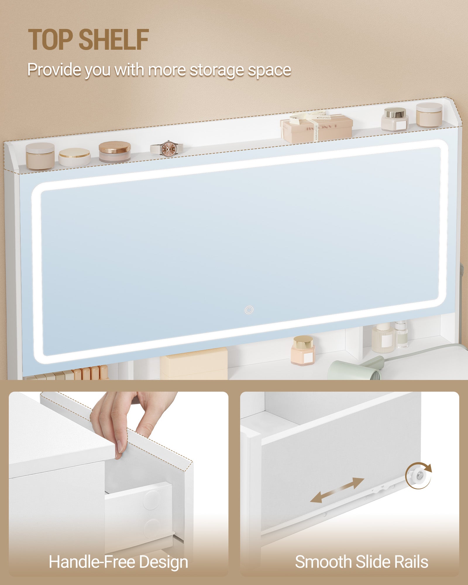 Hzuaneri Large Vanity Table with Large HD Mirror, Vanity Table with LED Lighting, 3 Colors, Adjustable Brightness, Dressing Table with 11 Drawers, Vanity Tables for Bedroom, White DT43003X