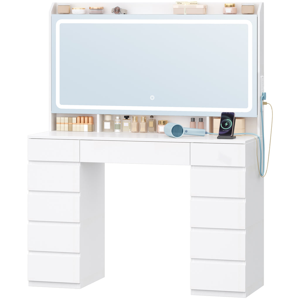 Hzuaneri Large Vanity Table with Large HD Mirror, Vanity Table with LED Lighting, 3 Colors, Adjustable Brightness, Dressing Table with 11 Drawers, Vanity Tables for Bedroom, White DT43003X