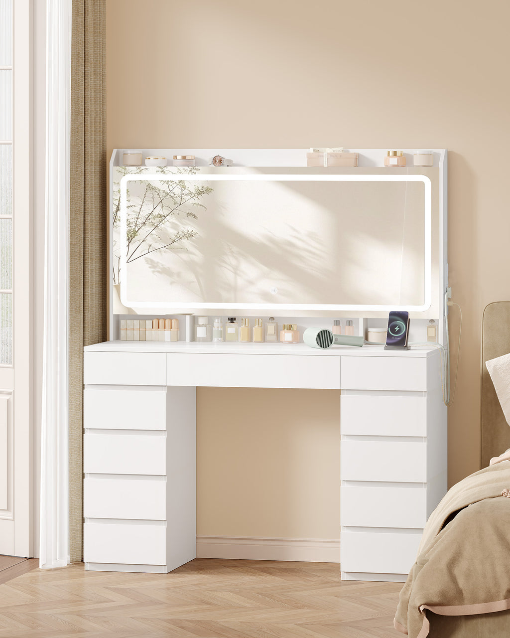 Hzuaneri Large Vanity Table with Large HD Mirror, Vanity Table with LED Lighting, 3 Colors, Adjustable Brightness, Dressing Table with 11 Drawers, Vanity Tables for Bedroom, White DT43003X