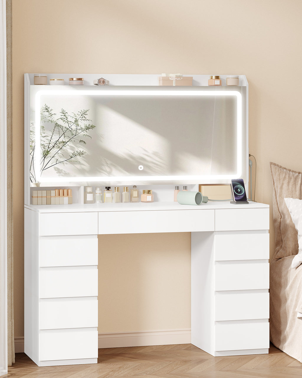 Hzuaneri Large Vanity Table with Large HD Mirror, Vanity Table with LED Lighting, 3 Colors, Adjustable Brightness, Dressing Table with 11 Drawers, Vanity Tables for Bedroom, White DT43003X