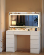 Hzuaneri Large Vanity Table with Large HD Mirror, Vanity Table with LED Lighting, 3 Colors, Adjustable Brightness, Dressing Table with 11 Drawers, Vanity Tables for Bedroom, White DT43003X