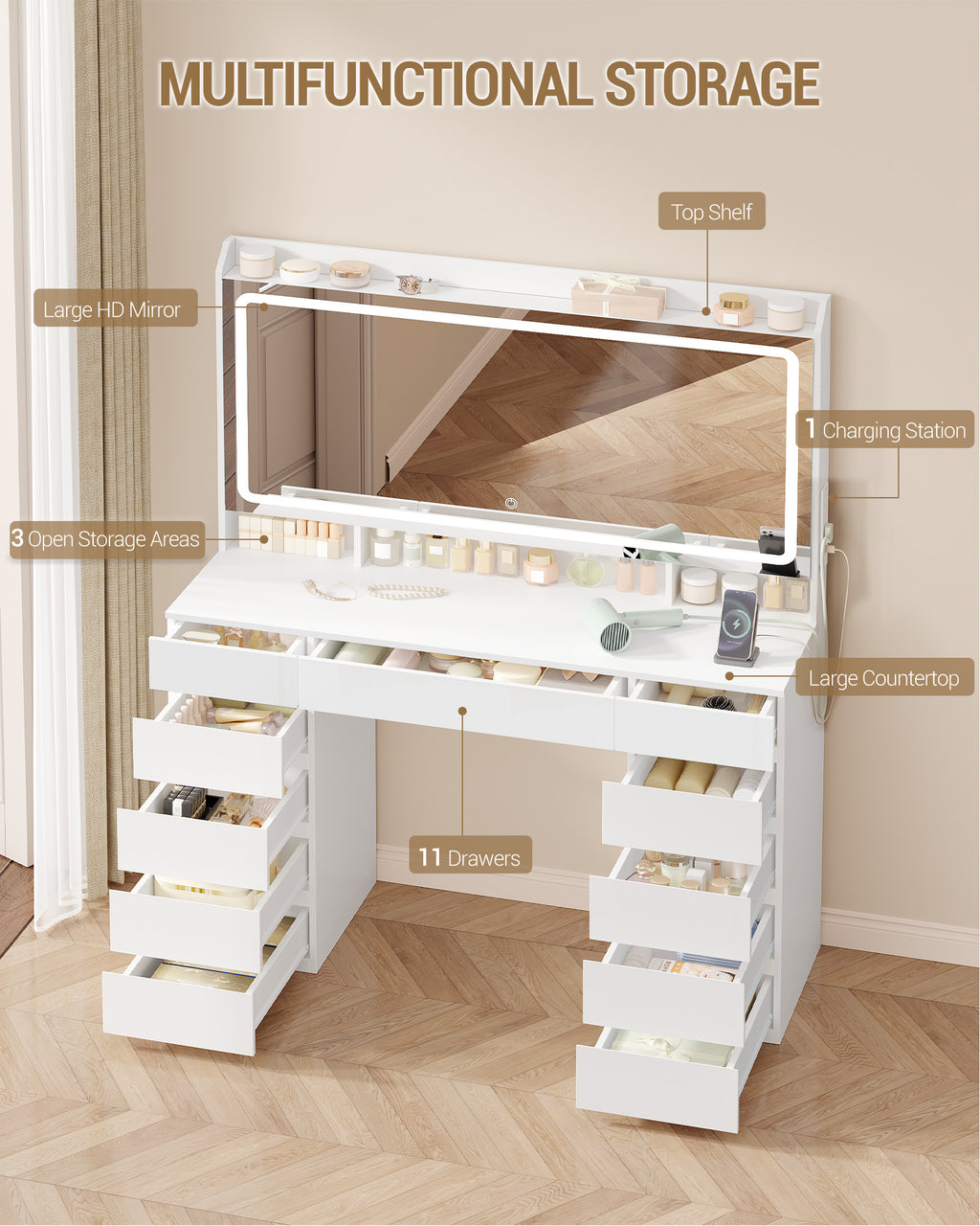 Hzuaneri Large Vanity Table with Large HD Mirror, Vanity Table with LED Lighting, 3 Colors, Adjustable Brightness, Dressing Table with 11 Drawers, Vanity Tables for Bedroom, White DT43003X