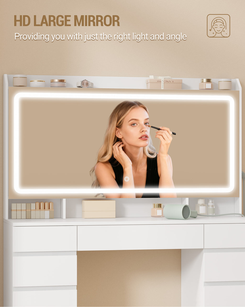 Hzuaneri Large Vanity Table with Large HD Mirror, Vanity Table with LED Lighting, 3 Colors, Adjustable Brightness, Dressing Table with 11 Drawers, Vanity Tables for Bedroom, White DT43003X