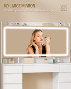 Hzuaneri Large Vanity Table with Large HD Mirror, Vanity Table with LED Lighting, 3 Colors, Adjustable Brightness, Dressing Table with 11 Drawers, Vanity Tables for Bedroom, White DT43003X